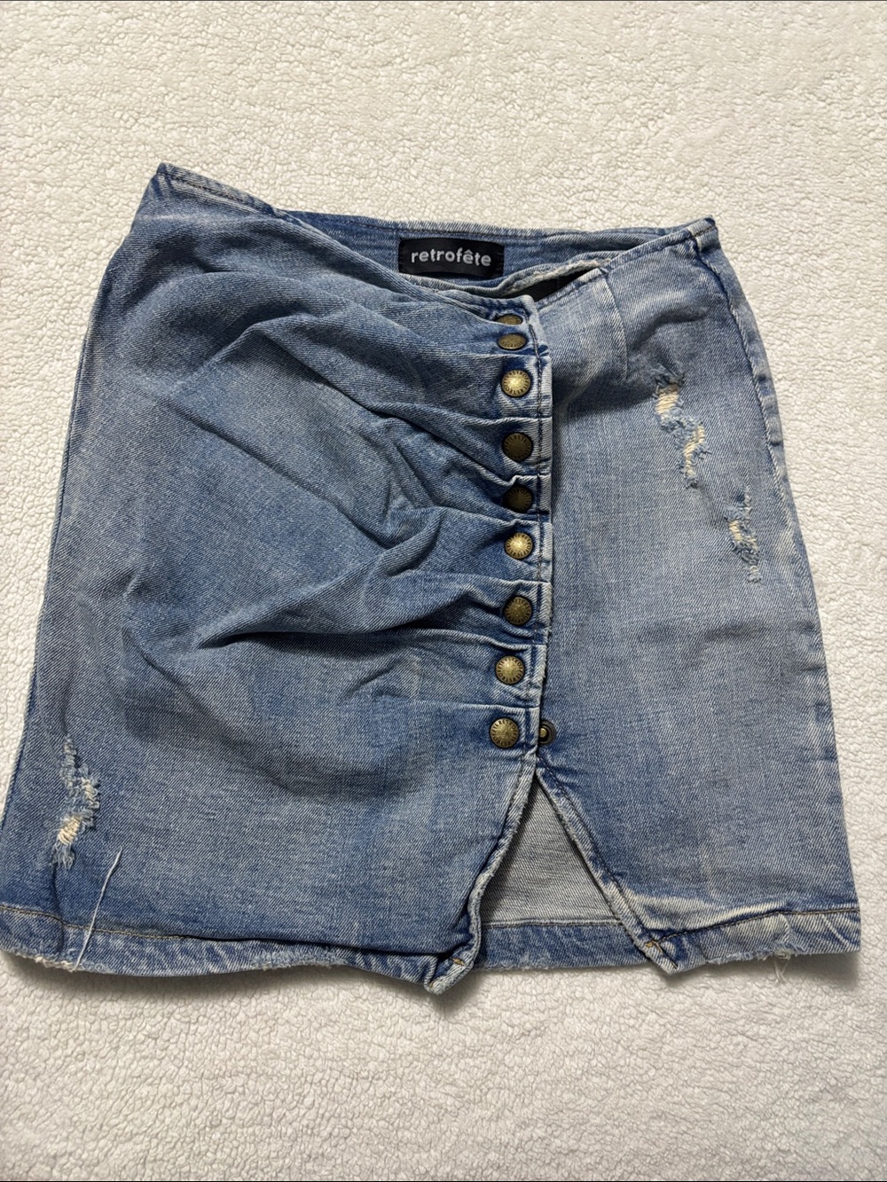 Retrofete Light Blue Ruched Denim Mini Skirt with Button Front